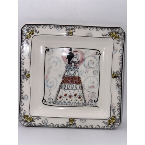 THE WEDDING-Made in Italy- 6 7/8" Square- Ceramic Cake Side Plate/Plate - Picture 1 of 5